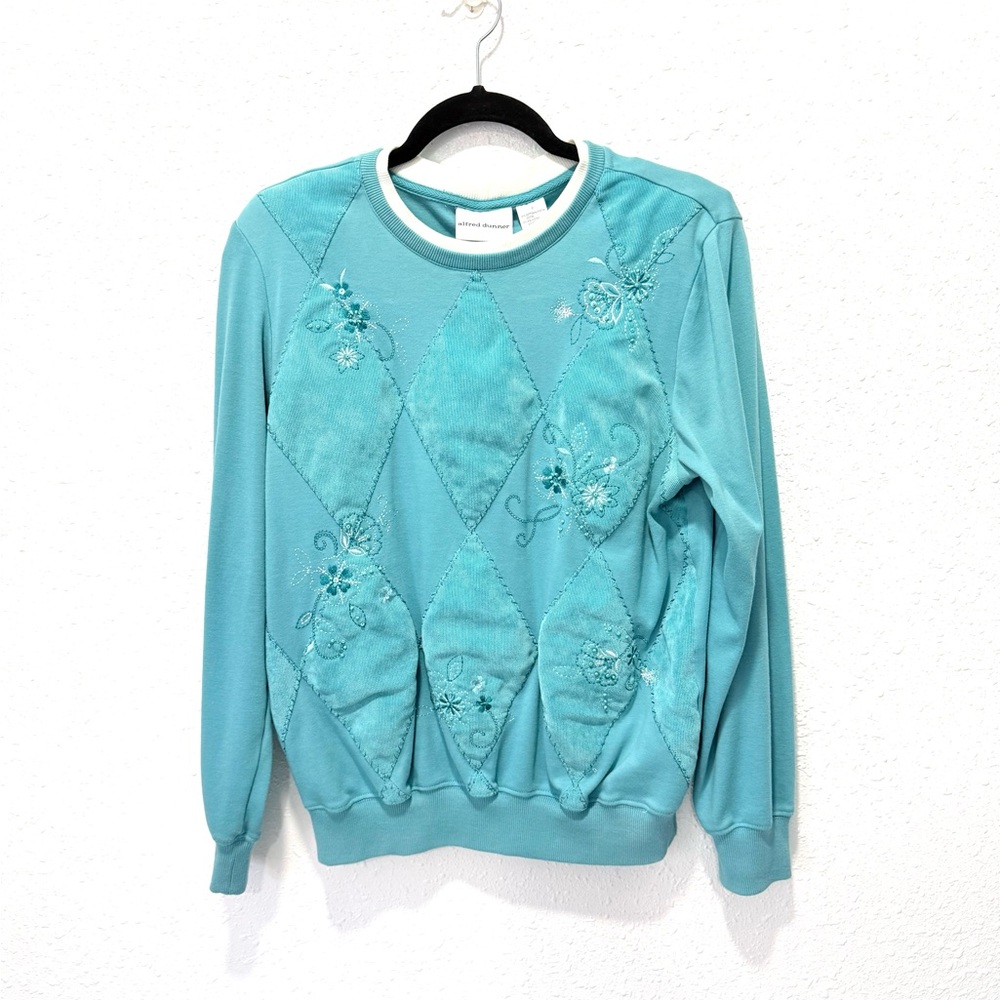 Alfred Dunner teal crewneck‎ sweatshirt embroidered floral/velvet panels  S